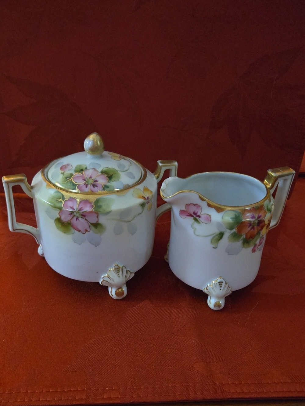 Nippon Hand-Painted Floral Porcelain Creamer and Sugar Set with Gold Accents
